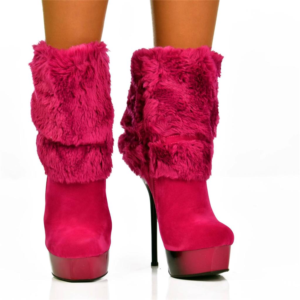 NEW Ladies SIZE UK 6 Hot Pink dipped black Heel Platform Fur Top Ankle ...