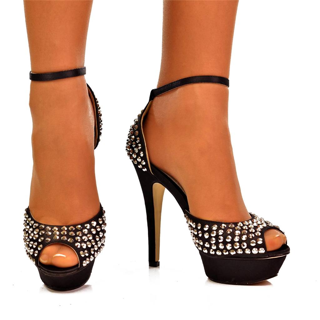 NEW Ladies Size UK 2 Black Silver Diamante Ankle Straps Stiletto Shoes ...
