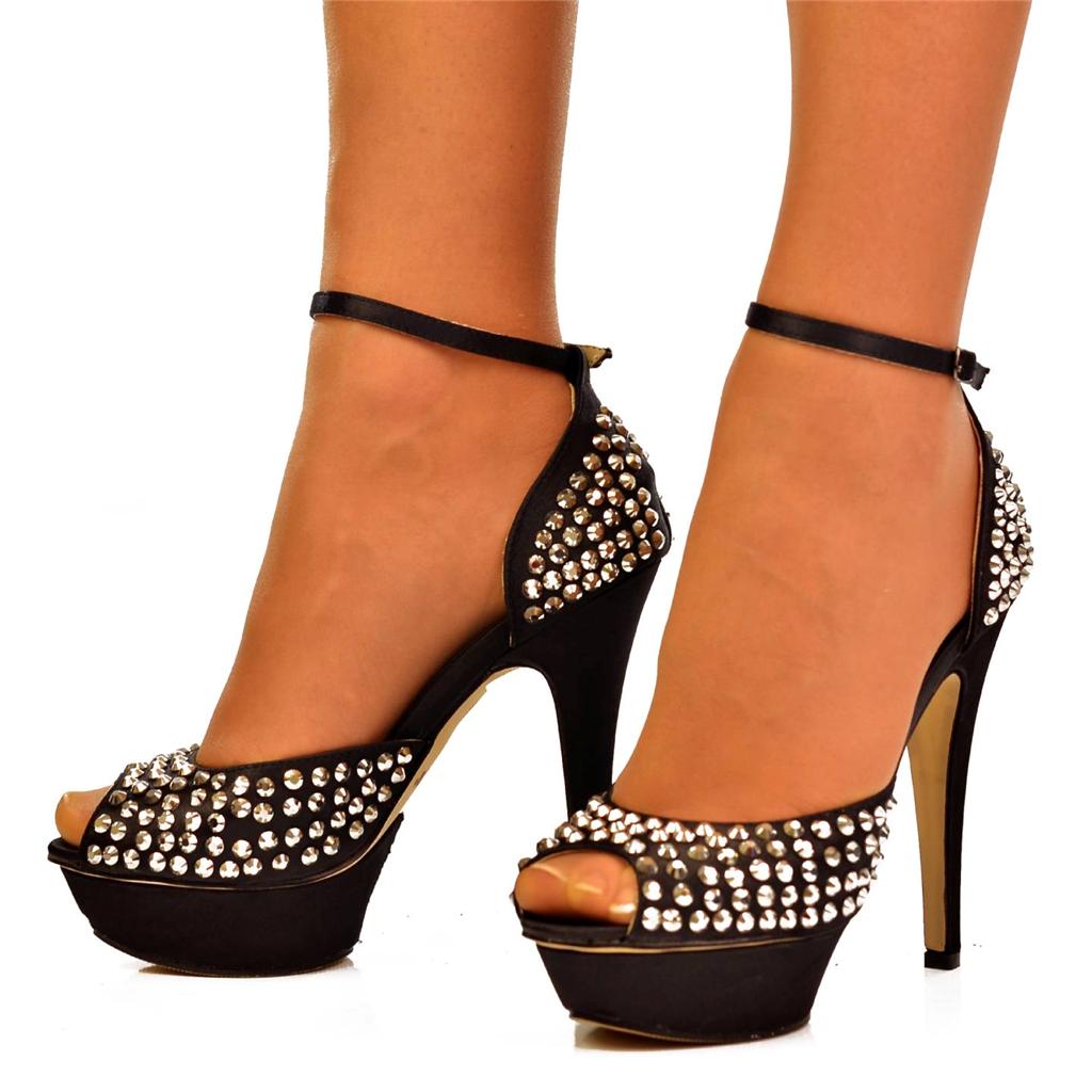 NEW Ladies Size UK 2 Black Silver Diamante Ankle Straps Stiletto Shoes ...