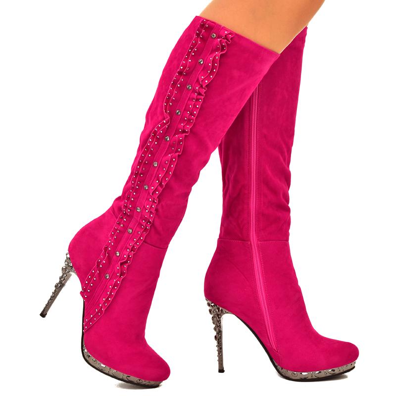 NEW Womens Size UK 3 Pink Faux Suede Metallic High Heel Knee Platform ...