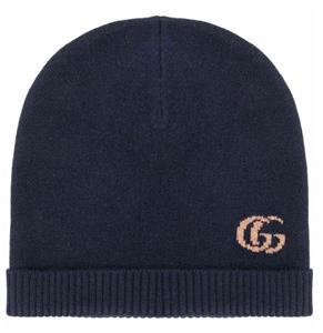 Gucci Unisex Dark Blue Wool Cashmere cotton Medium Beanie Hat With Logo NEW GUCCI JUMBO GG BLUE WHITE 100% CASHMERE BEANIE HAT  main image 4