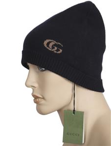 NEW GUCCI NAVY BLUE GG JACQUARD DOUBLE G LOGO CASHMERE BEANIE HAT