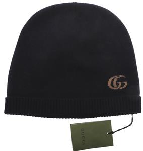 NEW GUCCI NAVY BLUE GG JACQUARD DOUBLE G LOGO CASHMERE BEANIE HAT