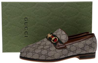 NEW GUCCI MEN'S CURRENT GG SUPREME CANVAS HORSEBIT WEB LOAFER SHOES