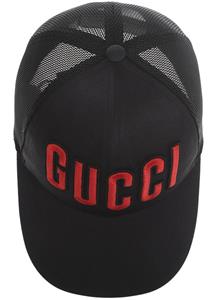 NEW GUCCI BLACK COTTON MESH RED LOGO EMBROIDERY BASEBALL CAP