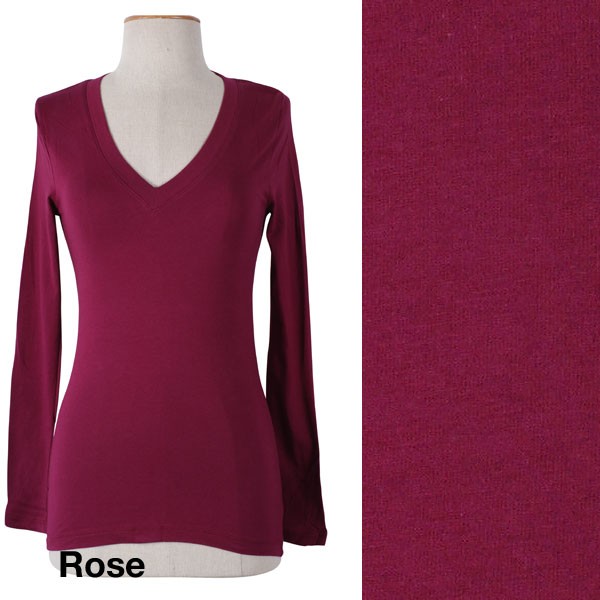 Casual Solid Plain Basic V Neck Long Sleeve Fitted Stretchy T-Shirts T ...