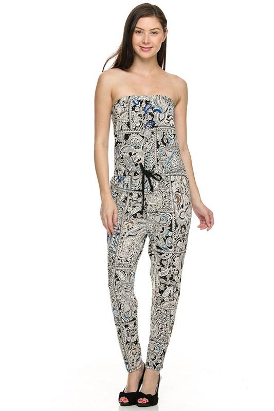 Sexy Paisley Printed Strapless Tube Necktie & Tie Waist Jumpsuit at ...
