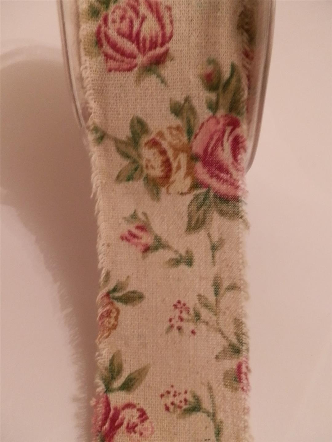 Beautiful Vintage Style Printed Linen Frayed Edge Ribbon-1 Metre - Picture 1 of 4