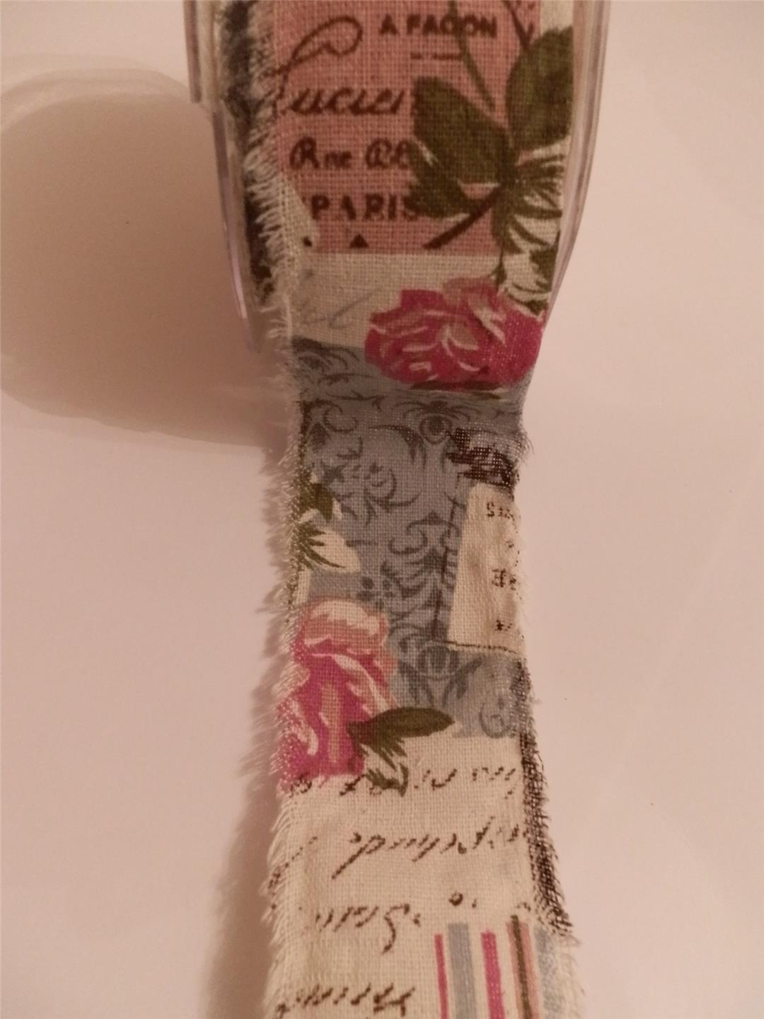 Beautiful Vintage Style Printed Linen Frayed Edge Ribbon-1 Metre - Picture 2 of 4