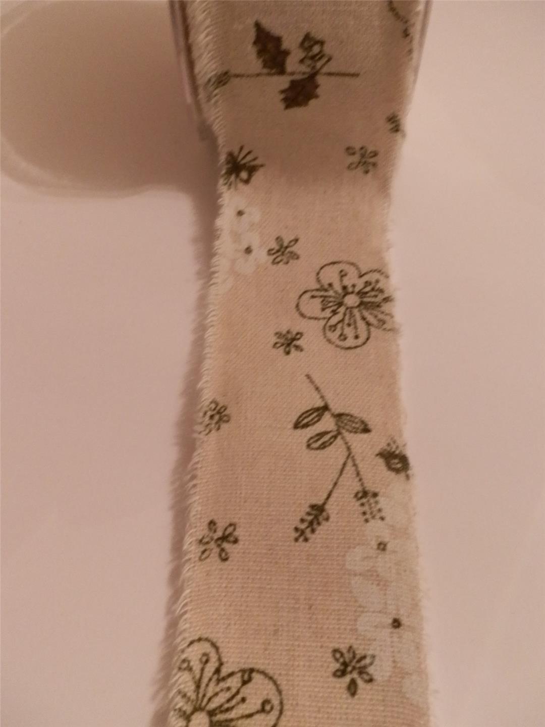 Beautiful Vintage Style Printed Linen Frayed Edge Ribbon-1 Metre - Picture 3 of 4