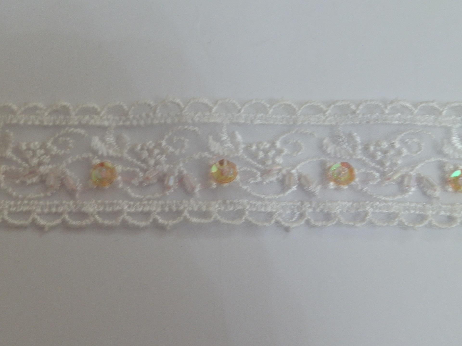 Grazioso pizzo ricamato vintage bianco con perline/paillettes - 2 colori a scelta - 1 metro - Foto 5 di 5