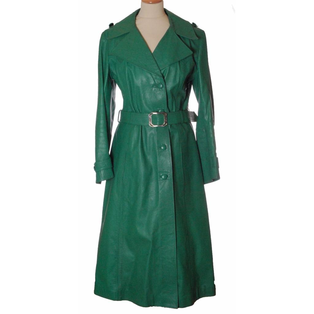 VINTAGE 1970s Green Mod LEATHER TRENCH COAT Jacket - 10 12 | eBay