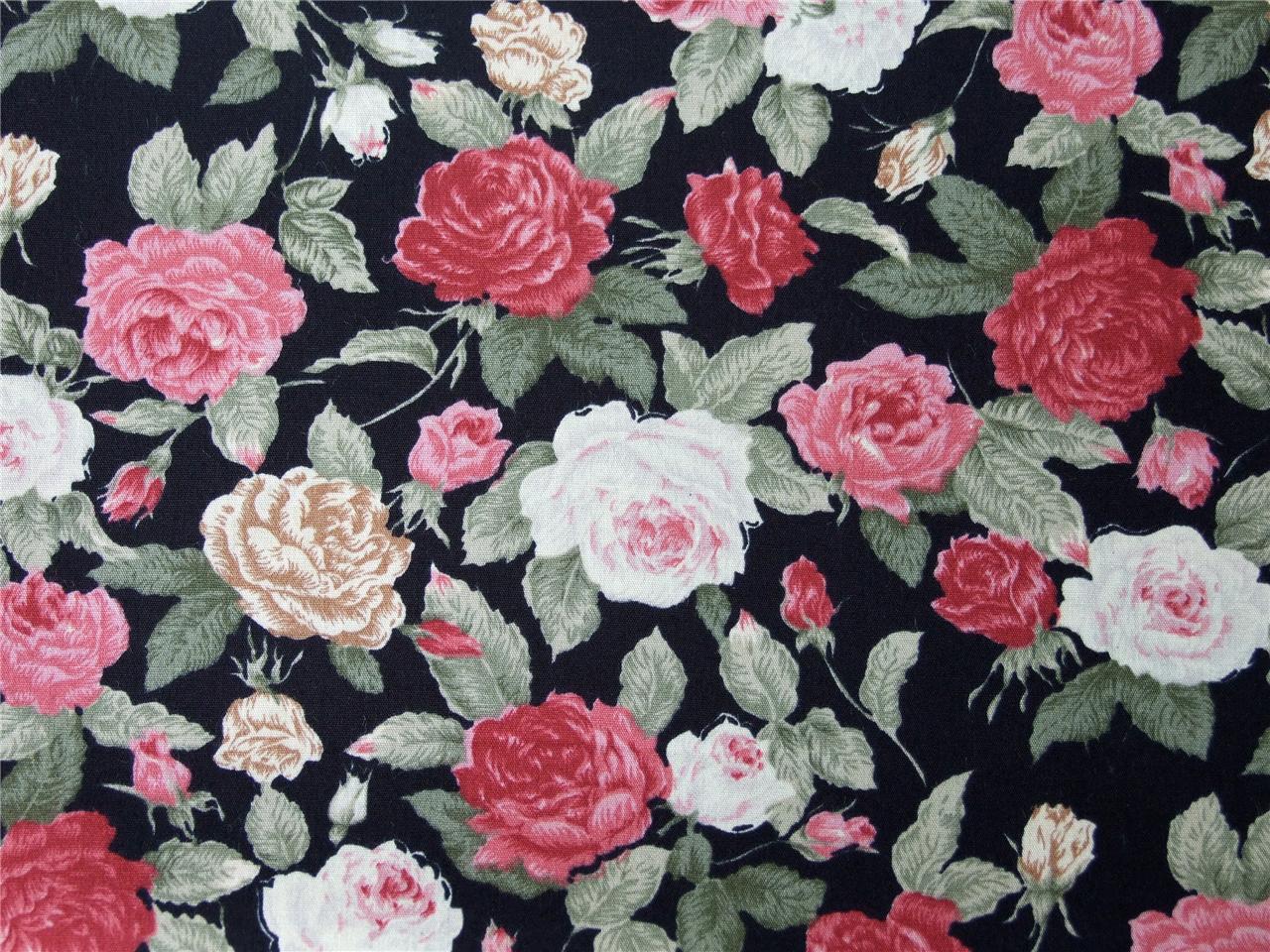 BLACK ROSE vintage floral red 100% pure COTTON FABRIC dress patchwork ...