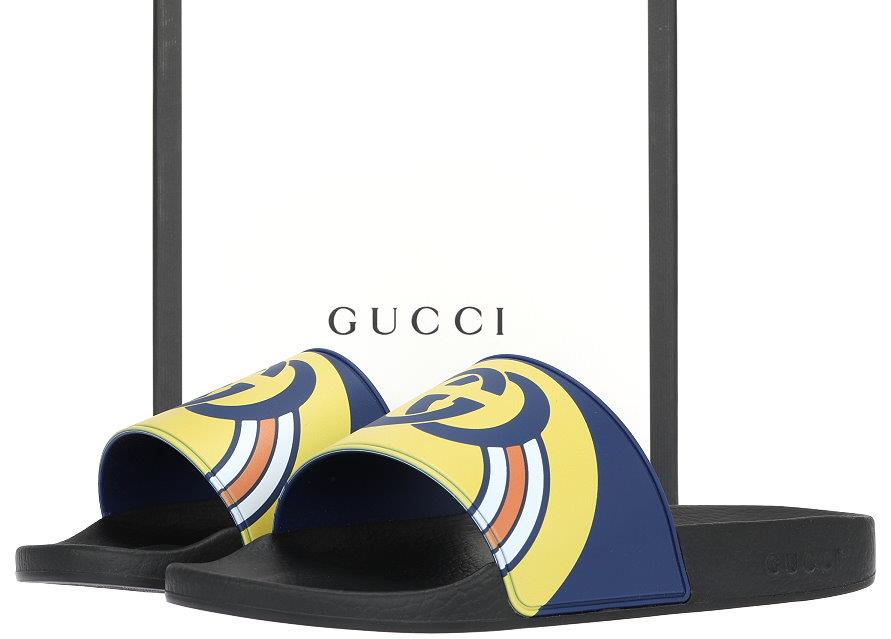 blue and yellow gucci slides