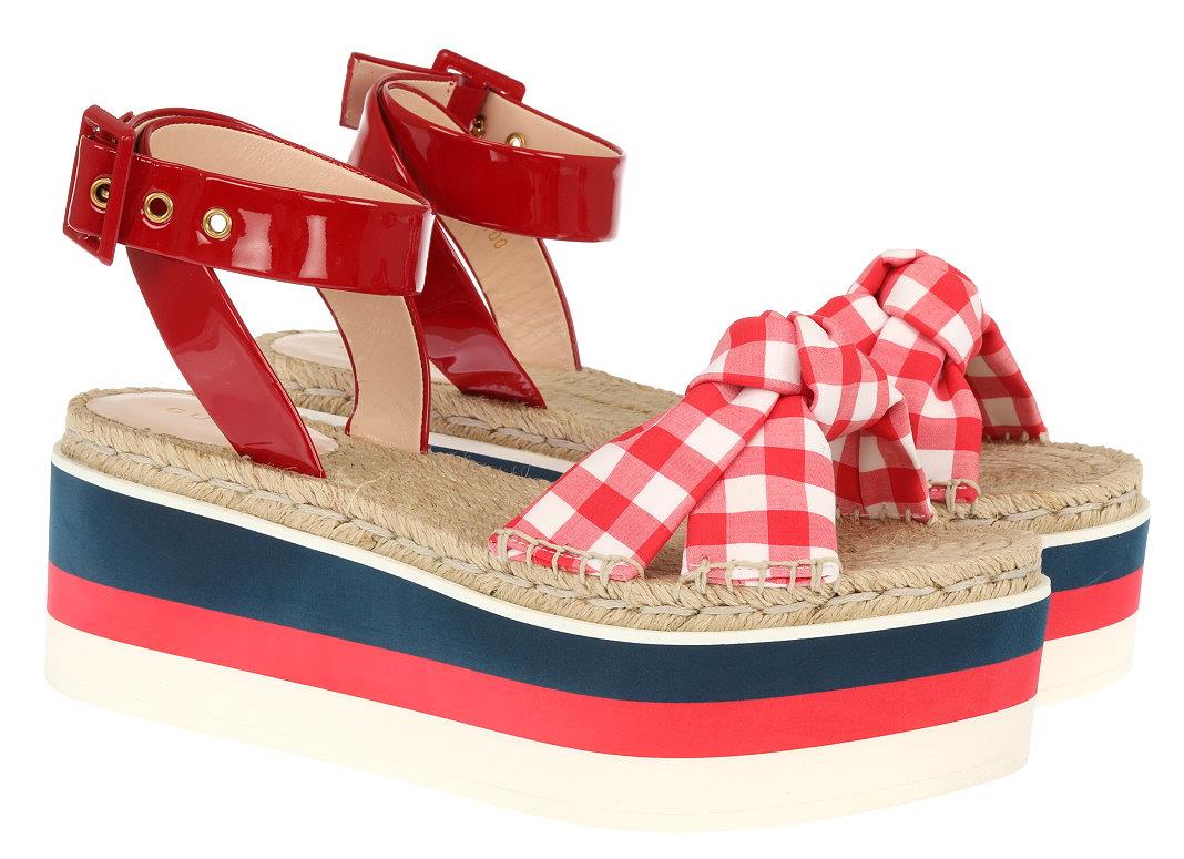 NEW GUCCI RED PATENT WEB WEDGE PLATFORM SANDALS SHOES 39.5