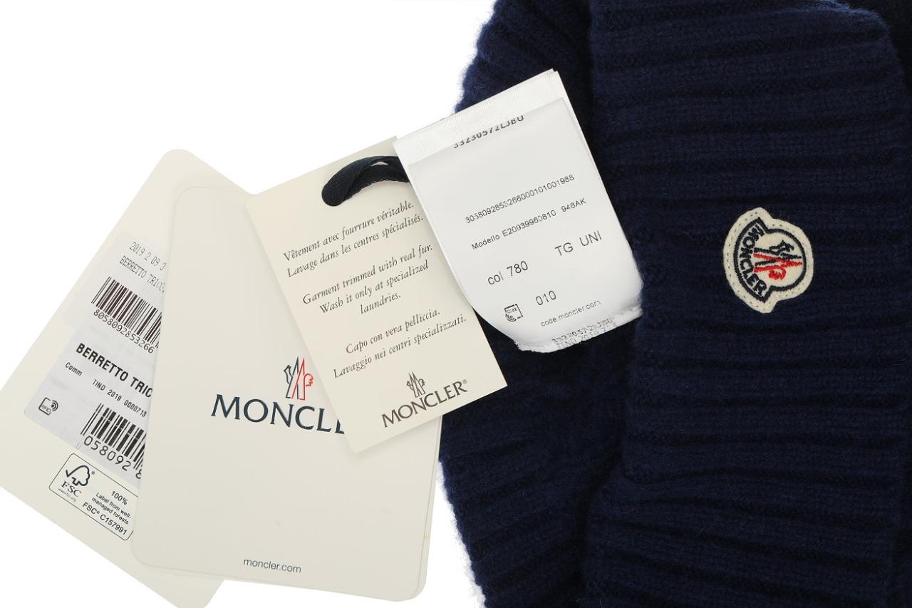 NEW MONCLER BLUE KNIT WOOL CASHMERE LOGO POM POM BEANIE HAT ONE SIZE RFID  CODE