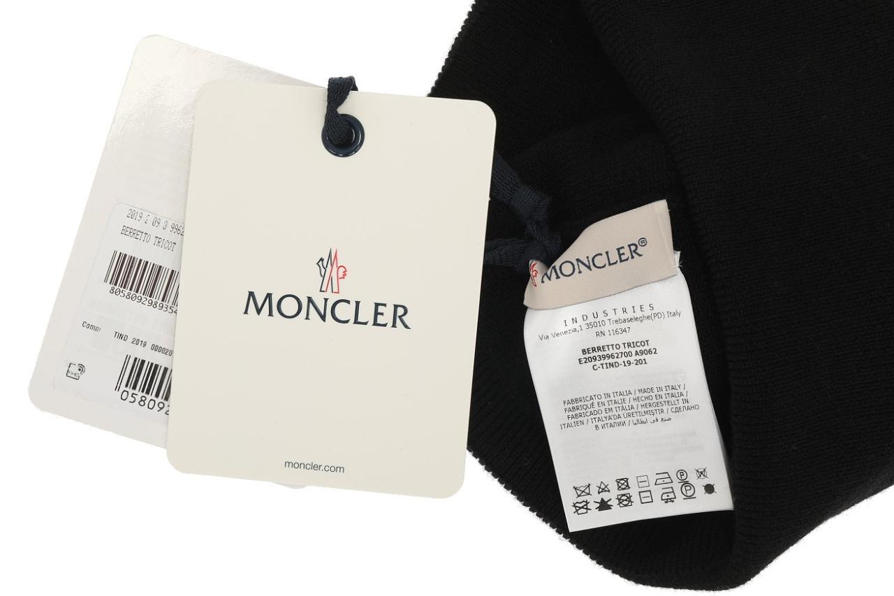 W　7 NEW MONCLER LUXURY BLACK WOOL LOGO BEANIE HAT ONE SIZE RFID CODE