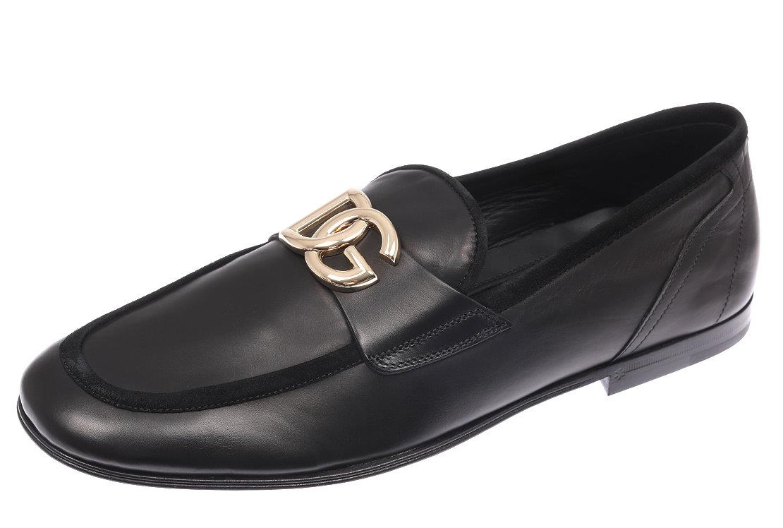 NEW DOLCE & GABBANA BLACK LEATHER DG LOGO LOAFERS SHOES 41