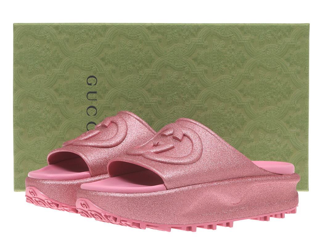 NEW GUCCI METALLIC ROSE PINK LOGO PLATFORM WEDGE SLIDES SANDALS NEW GUCCI METALLIC ROSE PINK LOGO PLATFORM WEDGE SLIDES SANDALS