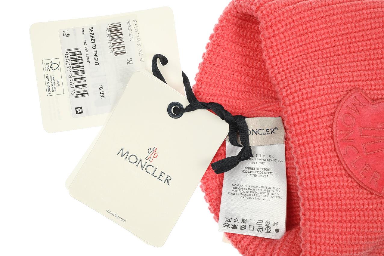 NEW MONCLER CORAL PINK KNIT 100% WOOL LOGO BEANIE HAT ONE 