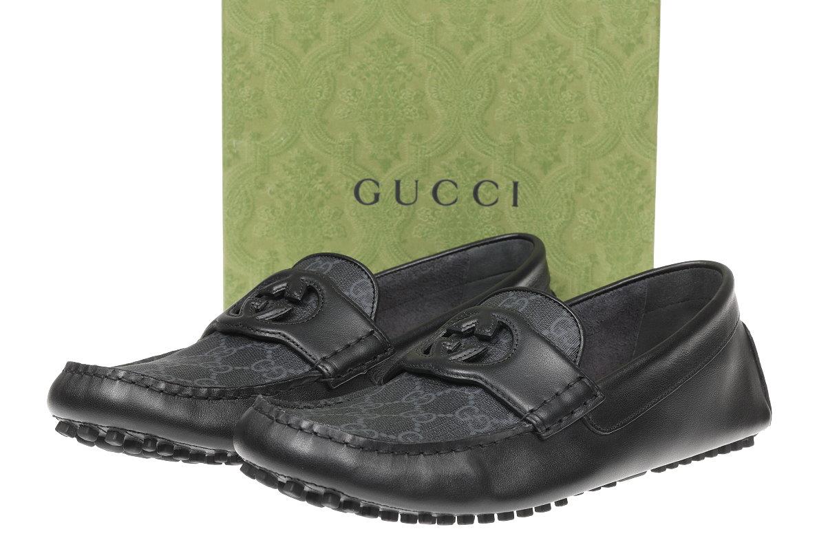 NEW GUCCI LUXURY BLACK GRAY GG INTERLOCKING MOCCASIN DRIVER  display picture 1
