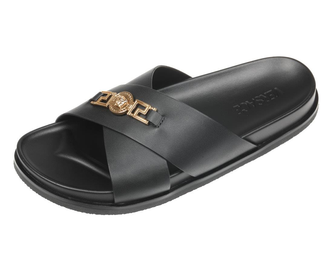【関税&送料込み】Versace Black Leather Sandals NEW VERSACE MEN'S BLACK LEATHER MEDUSA HEAD SLIDE SANDALS