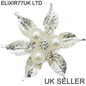 RESTPOSTEN PERLE DIAMANT SILBER BLUME BROSCHE HOCHZEIT BRAUT VINTAGE STIL