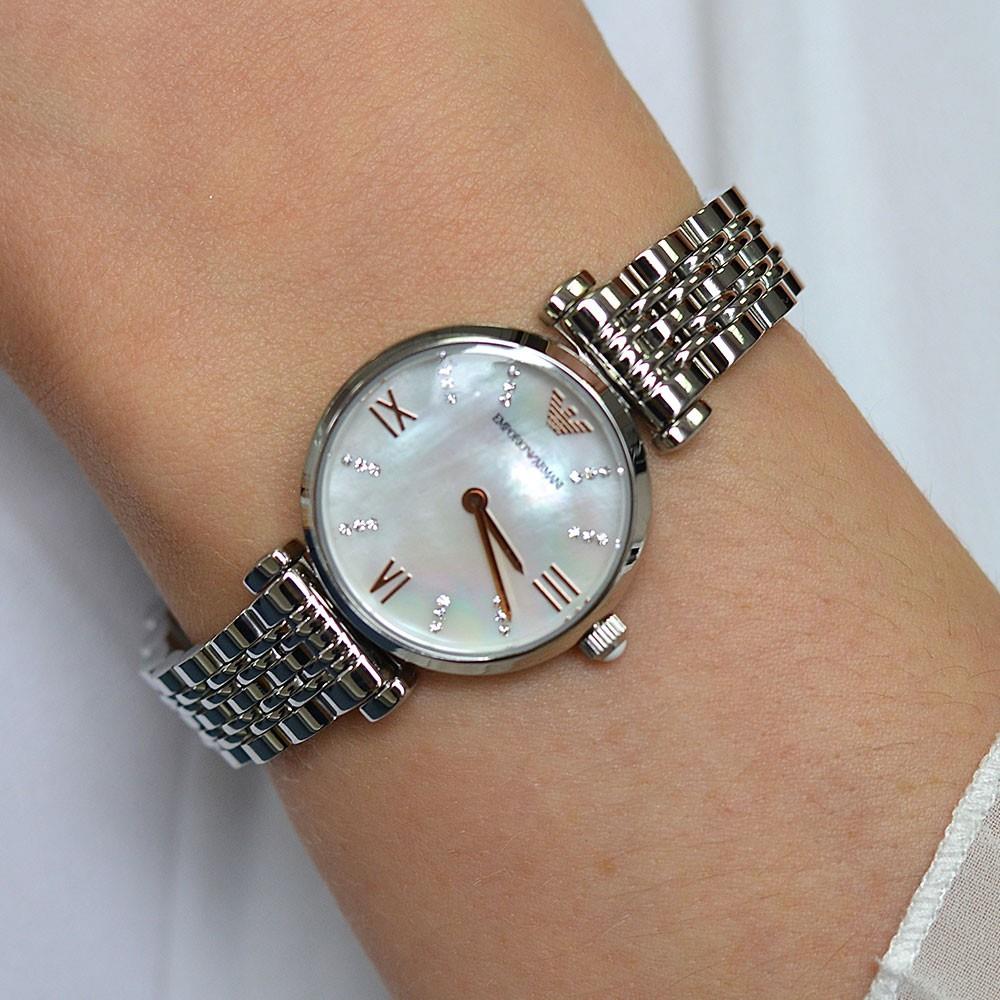 Emporio Armani Ladies Gianni TBar Silver Mother of Pearl Dress Watch