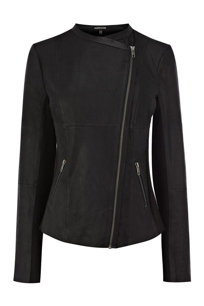 Black Soft Leather Collarless Biker Jacket Size 12 Warehouse | eBay