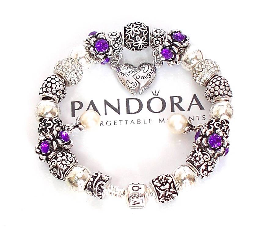 Authentic Pandora Silver Charm Bracelet Barrel Clasp Purple Mom ...