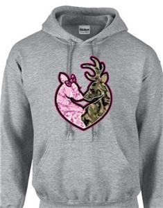 Colors Avail Hoodie Sweatshirt SM To 3XL Buck Camo /& Pink Doe Heart Deer Asst