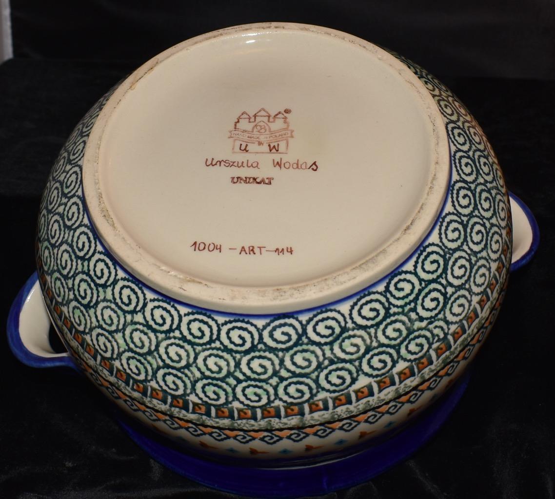 Unikat poland polish stoneware pottery double handled bowl signed u