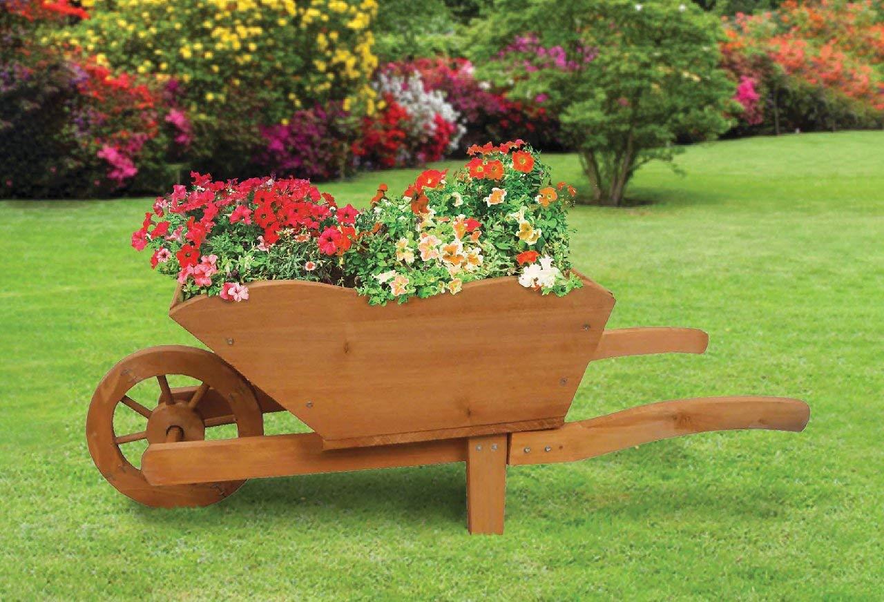 Wheelbarrow Garden Planter Wooden Flowers Plants Pot Outdoor Natural