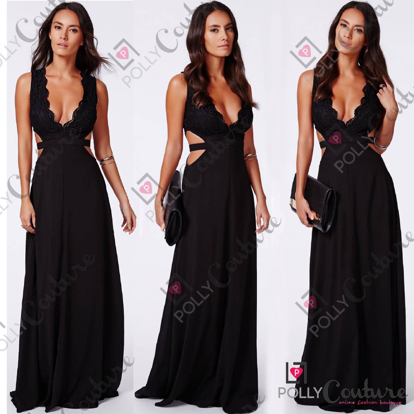 Womens Black Lace Plunge Cut Out Party Evening Prom Gown Long Maxi ...