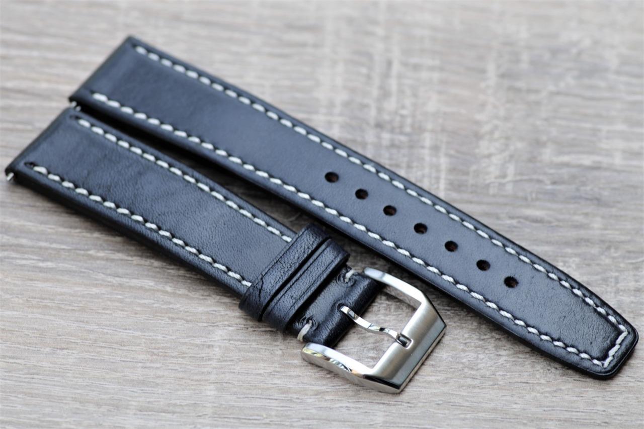 Handmade Watch Strap Bluish-Black Genuine Calf Leather Contrast Stitch 20mm 22mm - Picture 3 of 4