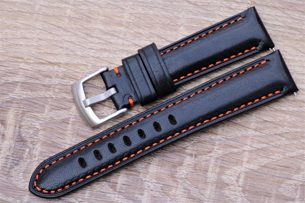 Handmade Watch Strap Genuine Smooth Calf Leather Black Padded Orange