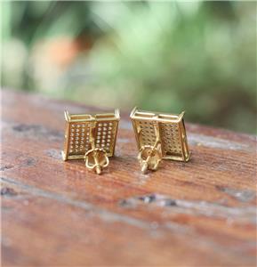 Yellow Gold Sterling Silver Hip Hop Cz Square Flat Screen Mens Stud Earrings | UK
