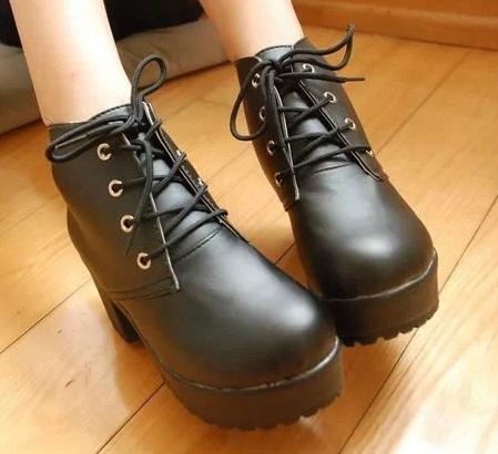 Womens Black&White Punk Rock Lace Up Chunky Heels Platform Ankle Boots ...