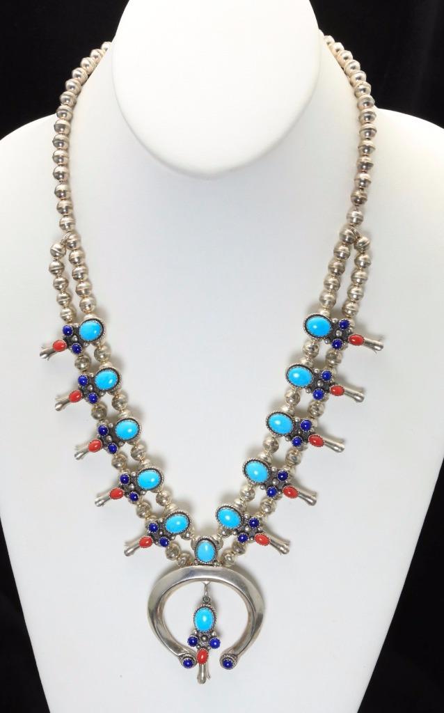 Vintage Sterling Silver Turquoise Coral & Lapis Squash Blossom NAJA