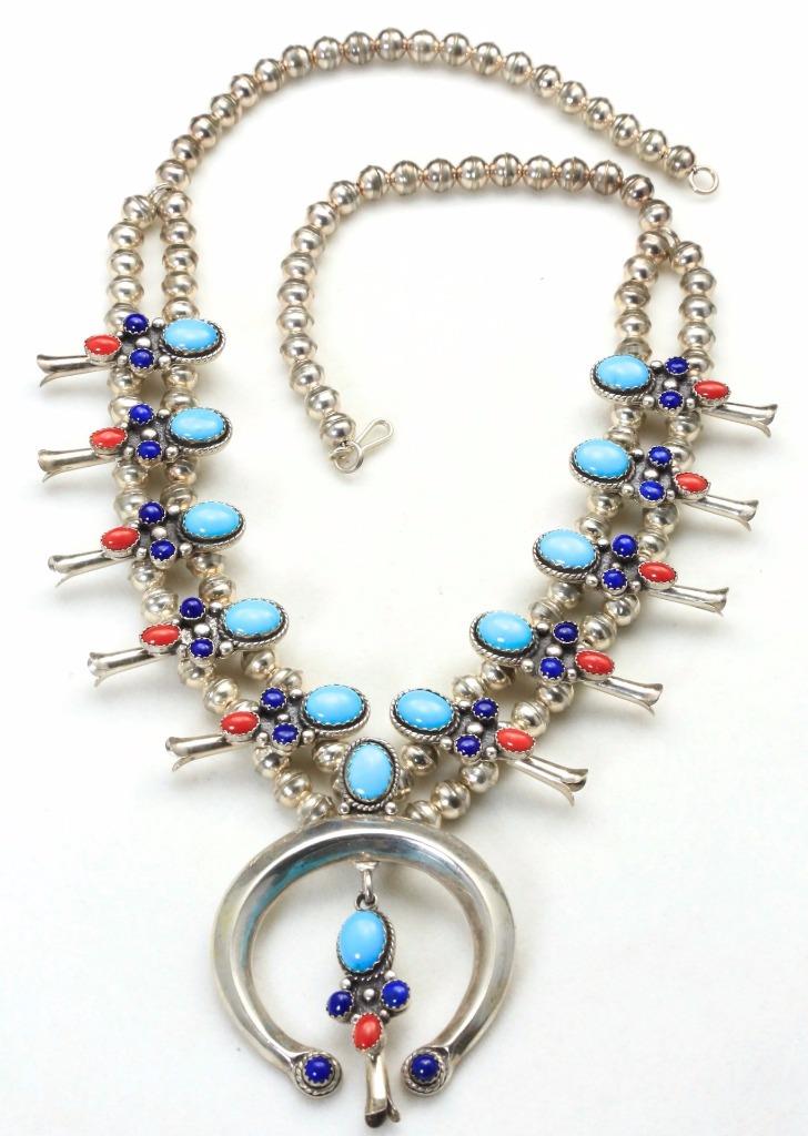 Vintage Sterling Silver Turquoise Coral & Lapis Squash Blossom NAJA