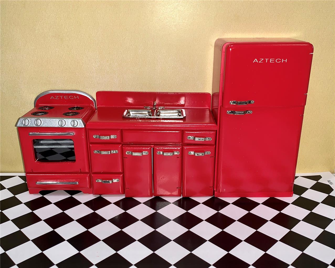 MINIATURE DOLLHOUSE 112 SCALE RETRO 1950'S KITCHEN SET RED 3 PIECES