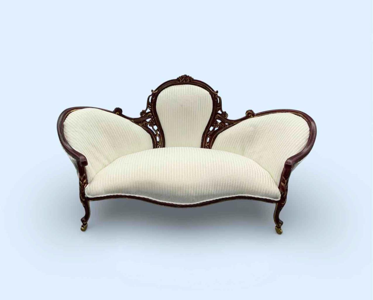 MINIATURE DOLLHOUSE 1:12 BESPAQ MAHOGANY ROCOCO WHITE ORNATE SETTEE OR CHAIR