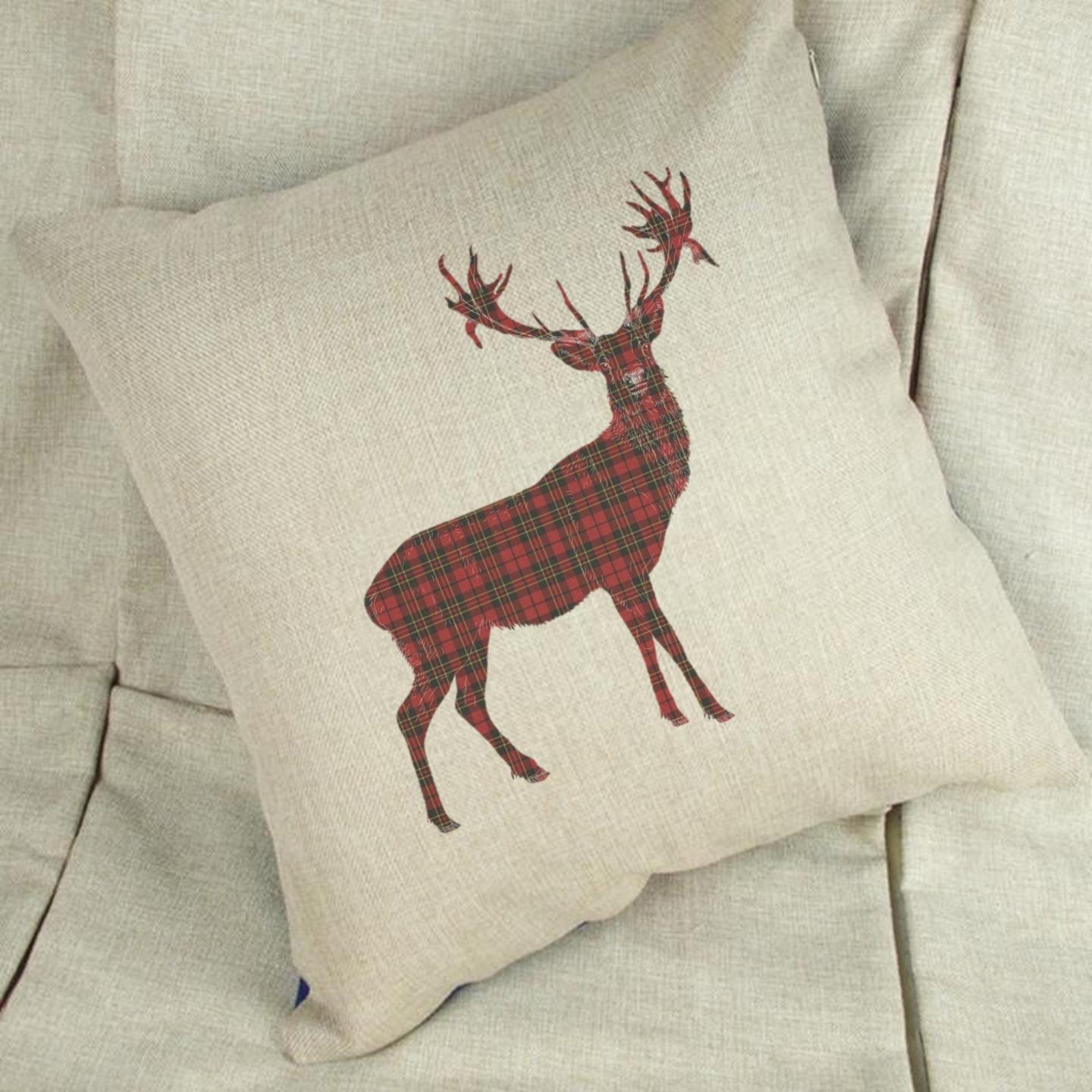 Tartan Stag Christmas Cushion Cover Home Decor Gift - Xmas Deer Reindeer - Picture 2 of 4