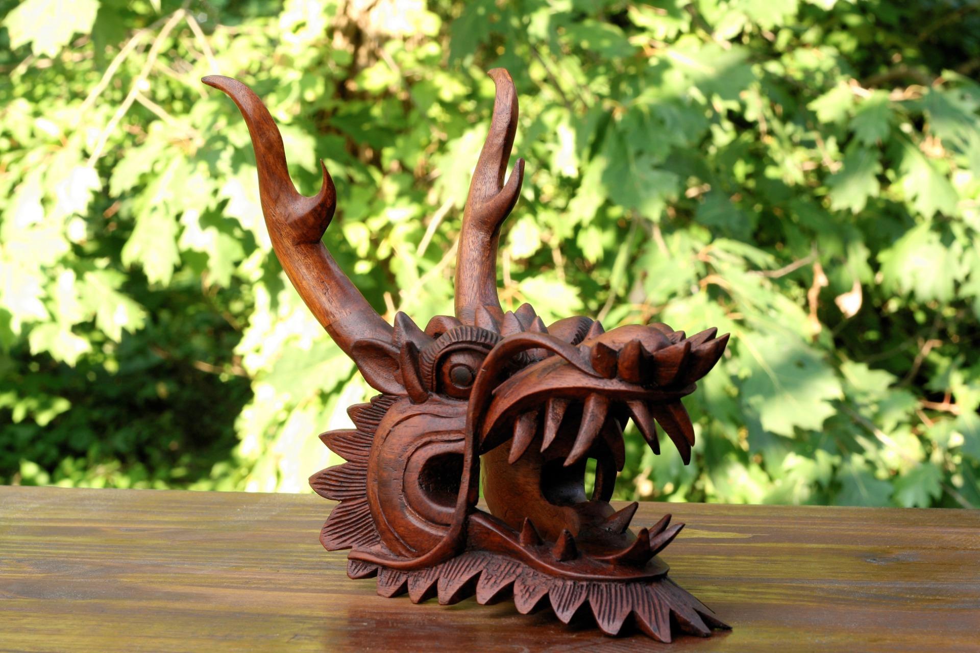Wooden Hand Carved Dragon Head Statue Sculpture Figurine ...