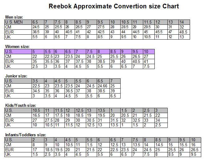 reebok kids size chart