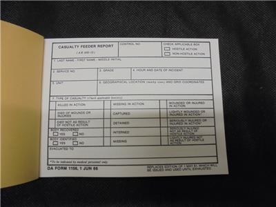 Genuine Issue Us Military Army Casualty Feeder Report Form Vietnam