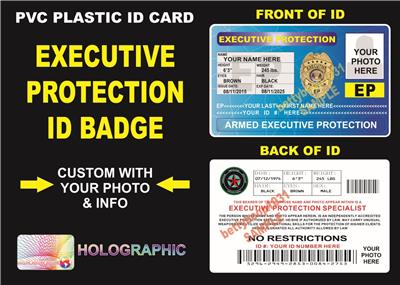 EXECUTIVE PROTECTION ID Badge / Card ~ CUSTOM W Your Info & Photo ...