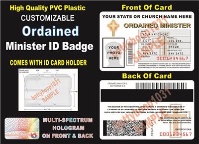 ORDAINED MINISTER ID Badge / Card >Custom W/ Your Photo & Info