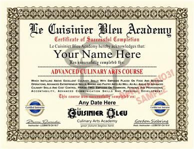 Culinary Arts Course DIPLOMA / CERTIFICATE Prop *CUSTOM W YOUR NAME