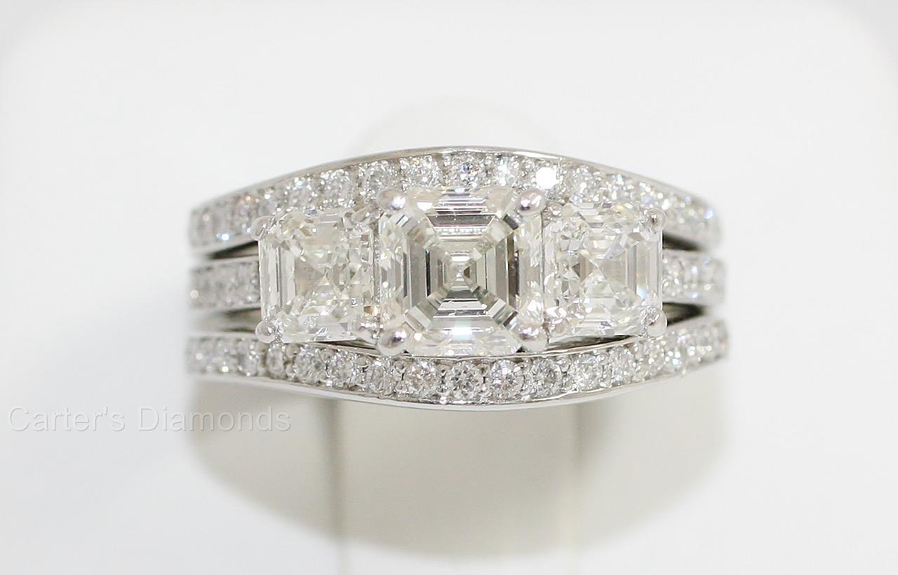 Asscher GIA Three Stone Diamond Platinum Engagement Ring Wedding Set 2.58ctw